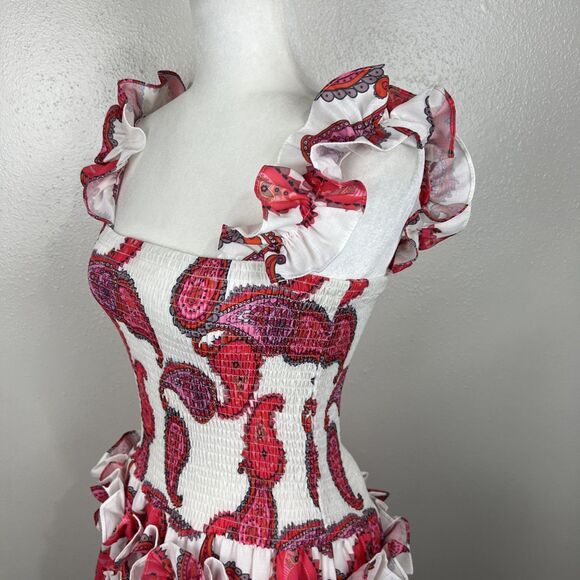 Taroo Dress Women Medium White Red Ruffled Smocked Fit Flare Mini Casual Party - Picture 10 of 12